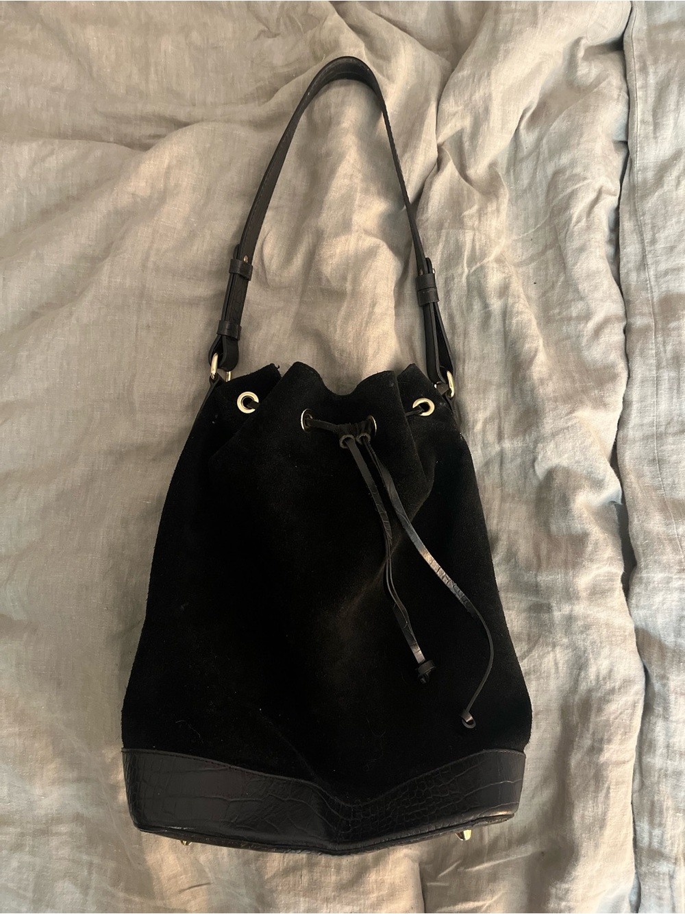 Isadora Genuine Leather Made in Italy Black Suede Drawstring Bucket Bag